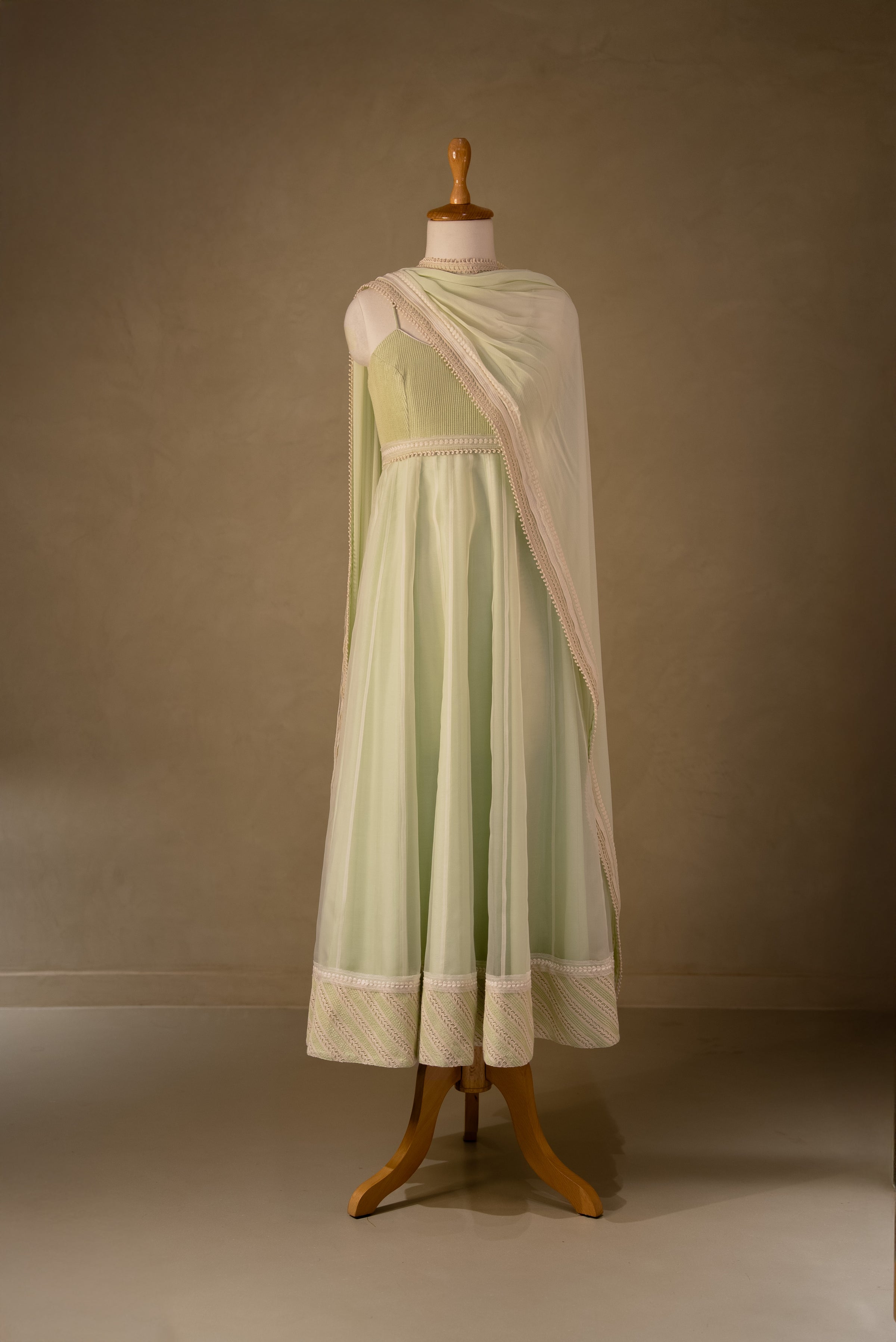 Green-Off White Organza Anarkali