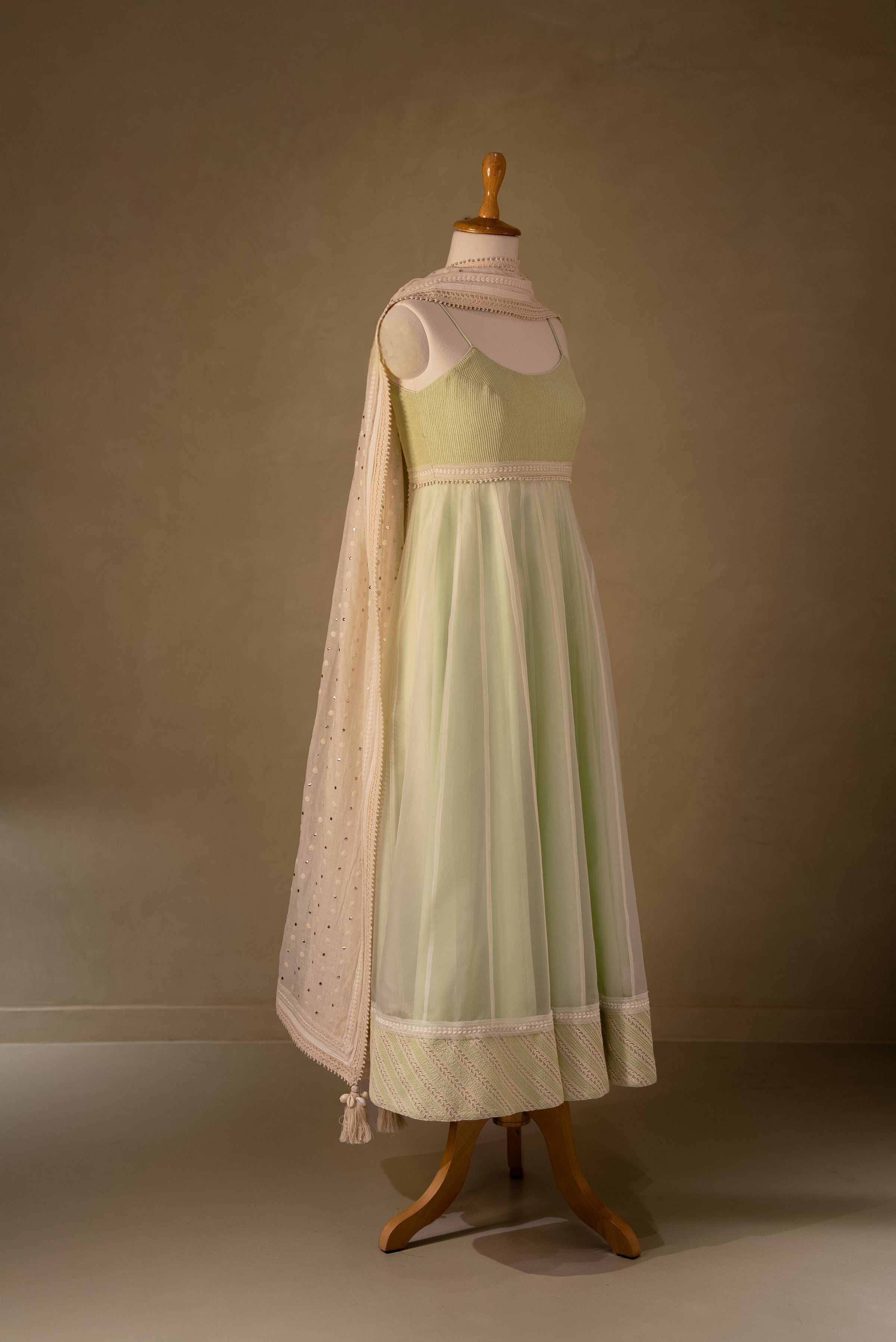 Green-Off White Organza Anarkali