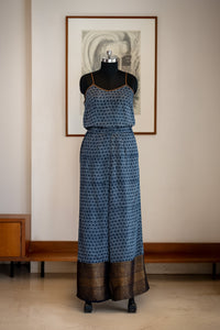 Khaabneel-Indigo Blue Trouser with Leaf-print