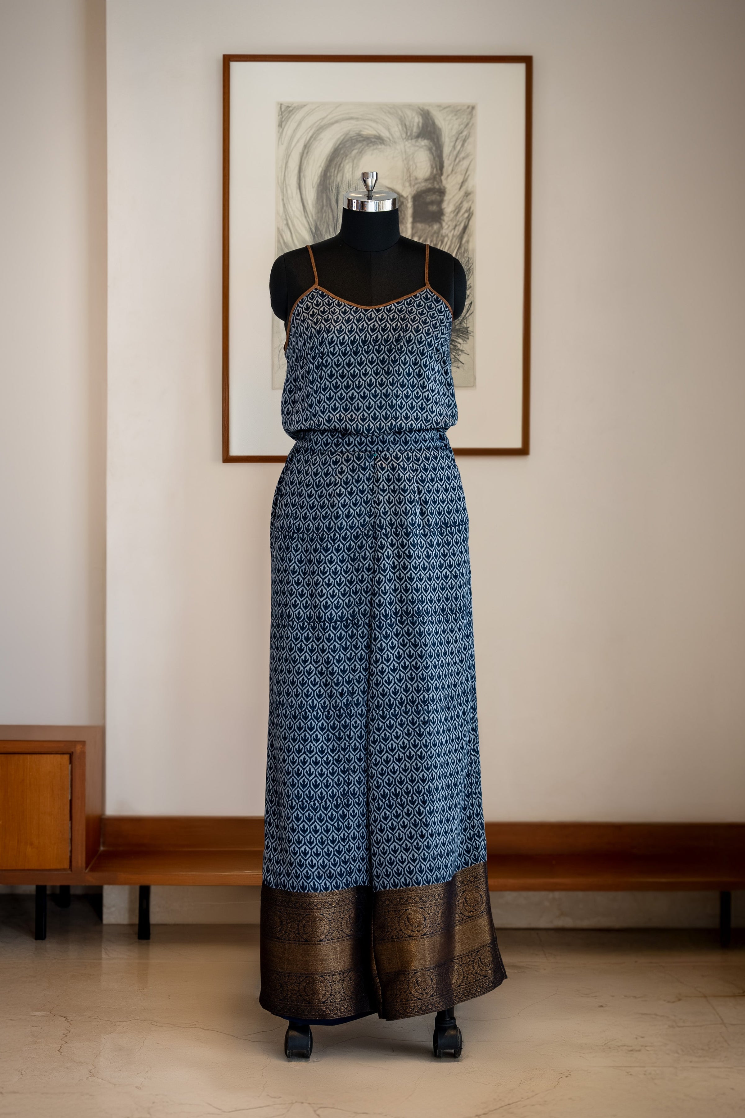 Khaabneel-Indigo Blue Trouser with Leaf-print