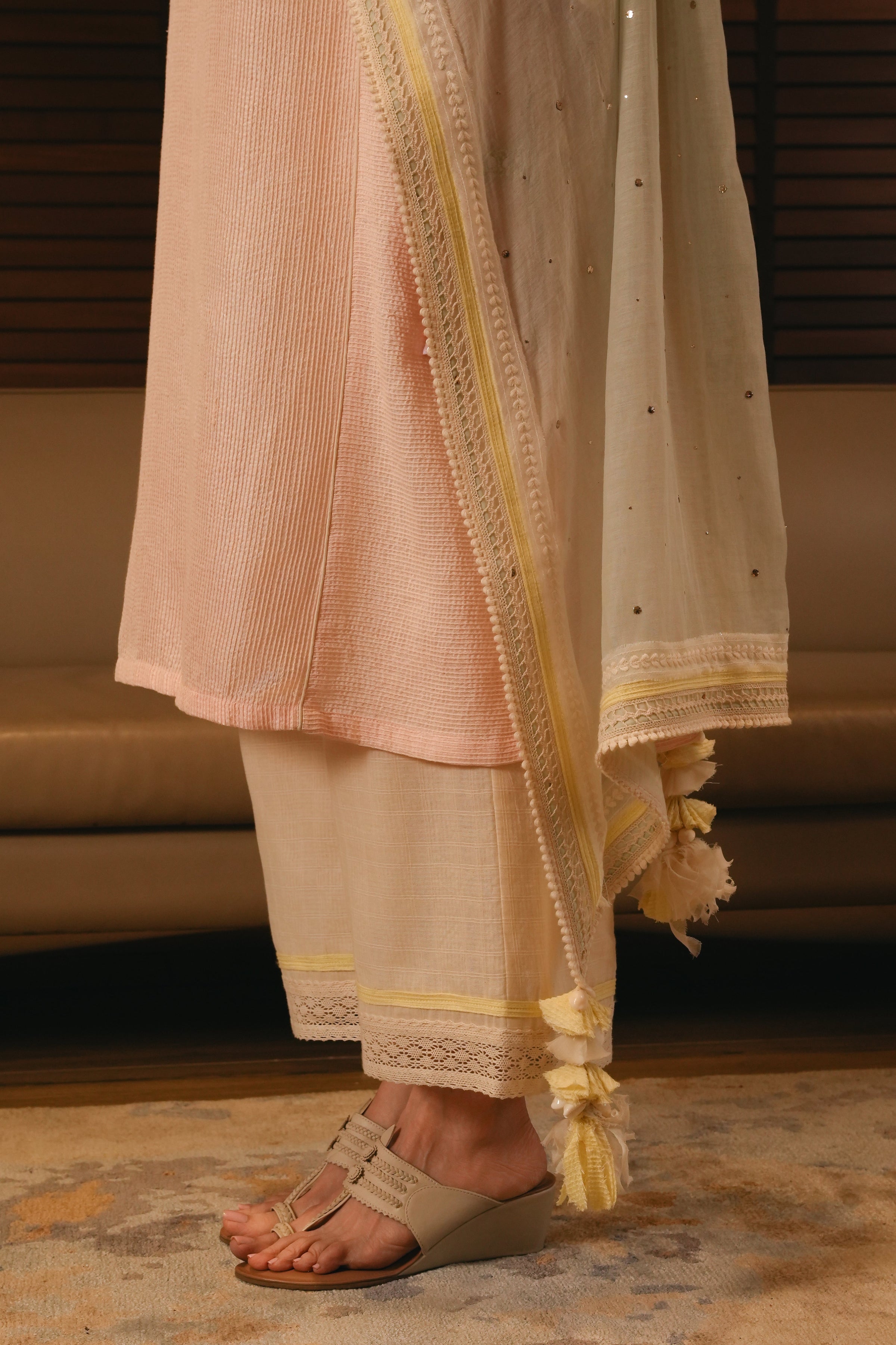 Beige Cotton Cropped Trousers