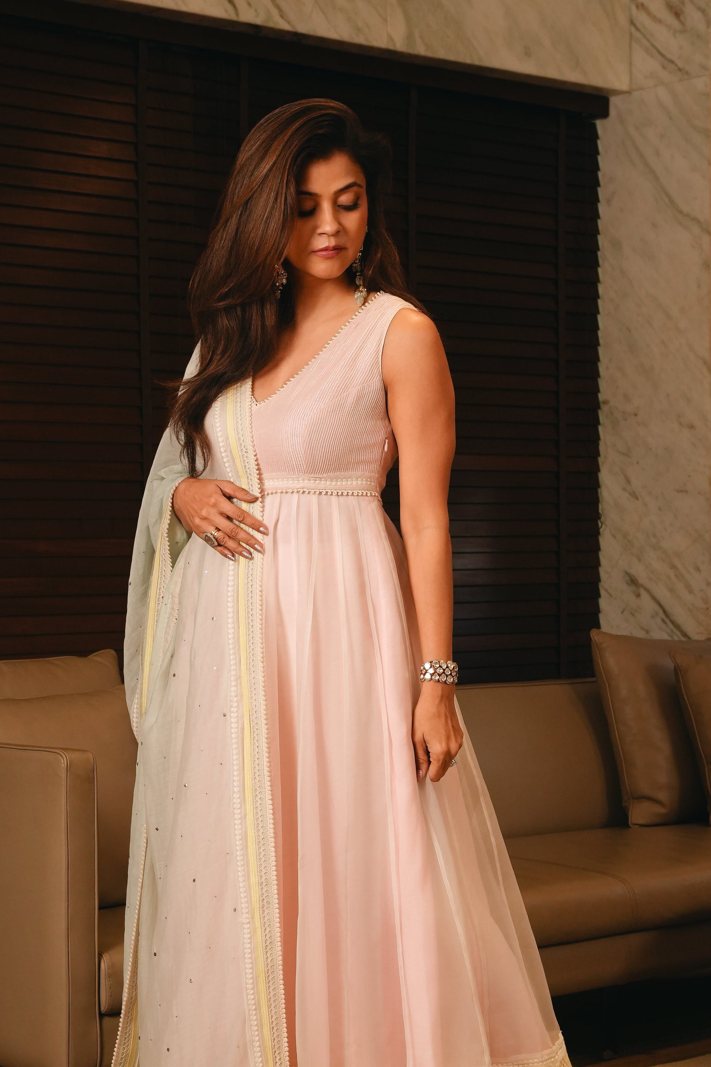 Pink-Off White Organza Anarkali