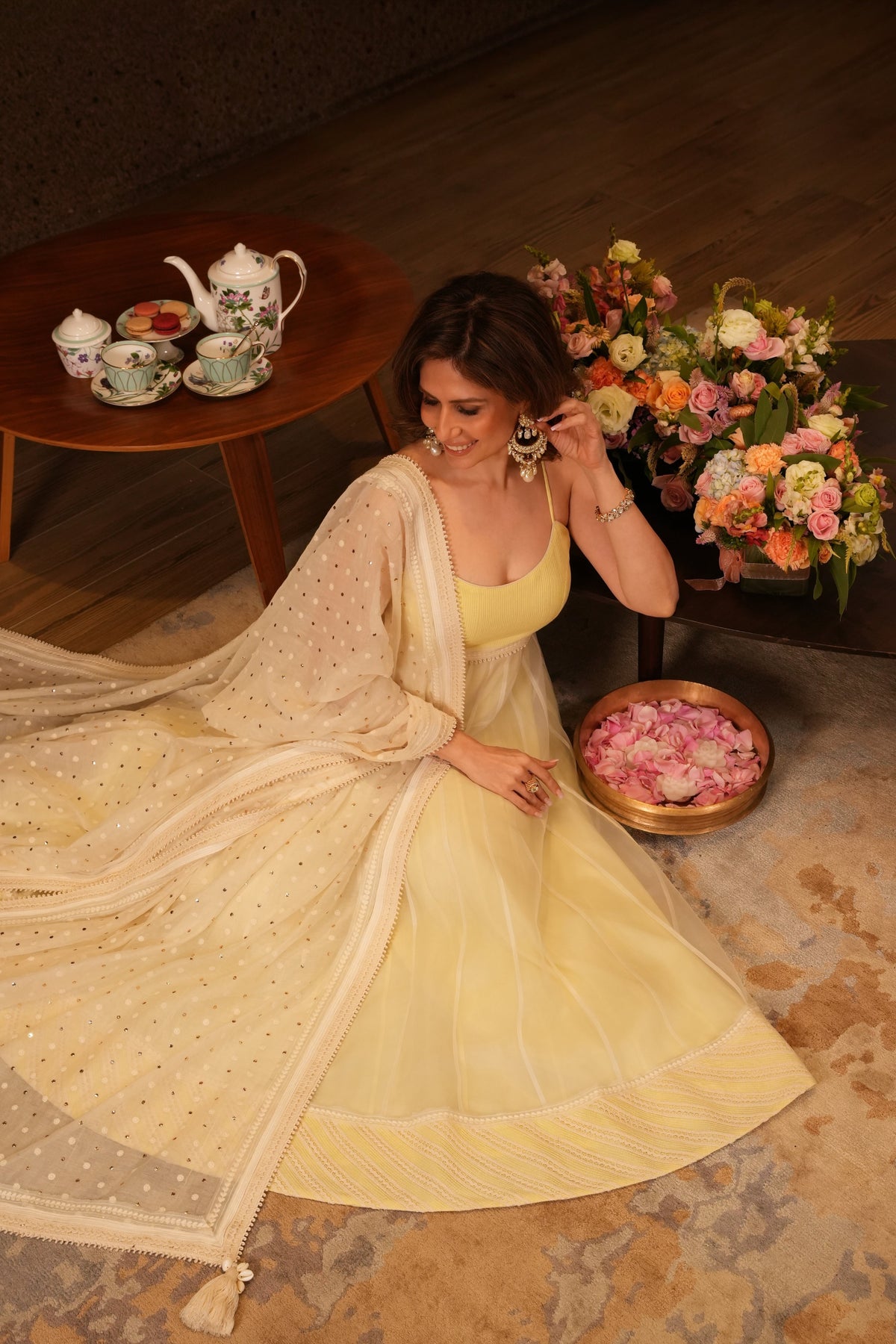 Yellow-Off White Organza Anarkali