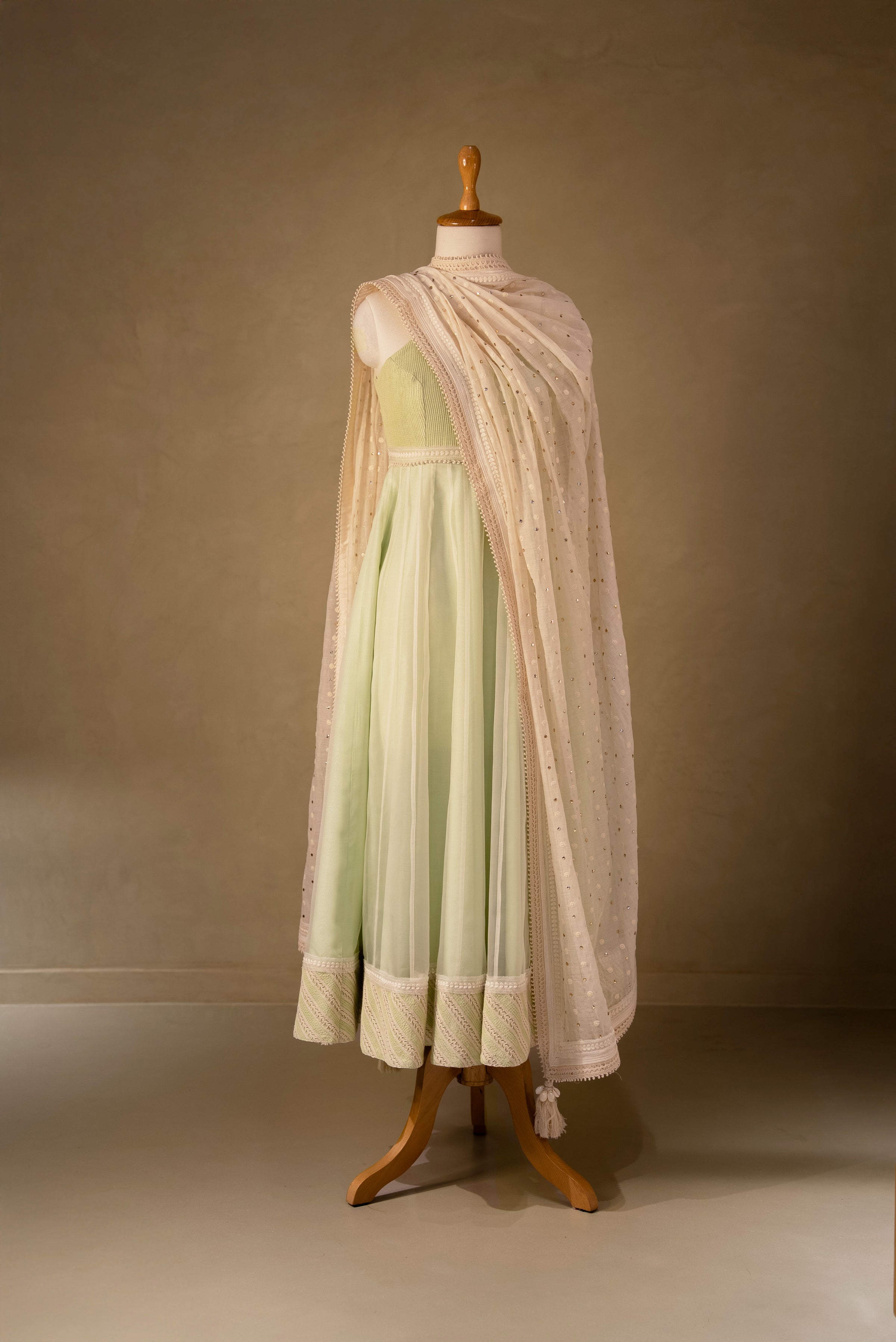 Green-Off White Organza Anarkali