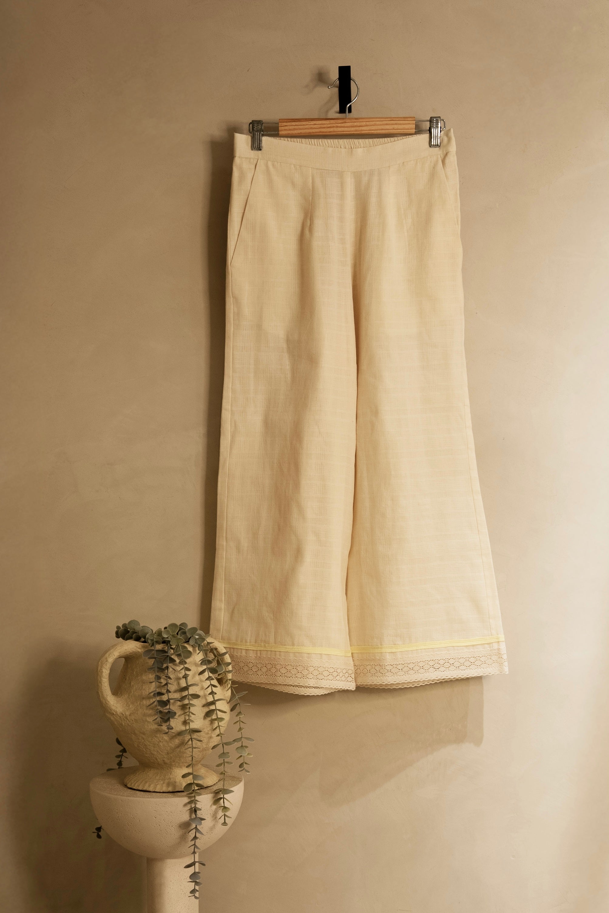 Beige Cotton Cropped Trousers