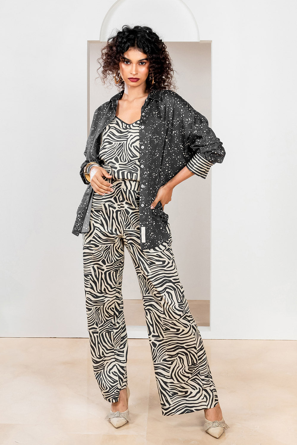 Metanoia Monochrome - Style 77- Spotted Print Shirt With Dolman Sleeves And Cuff Detail