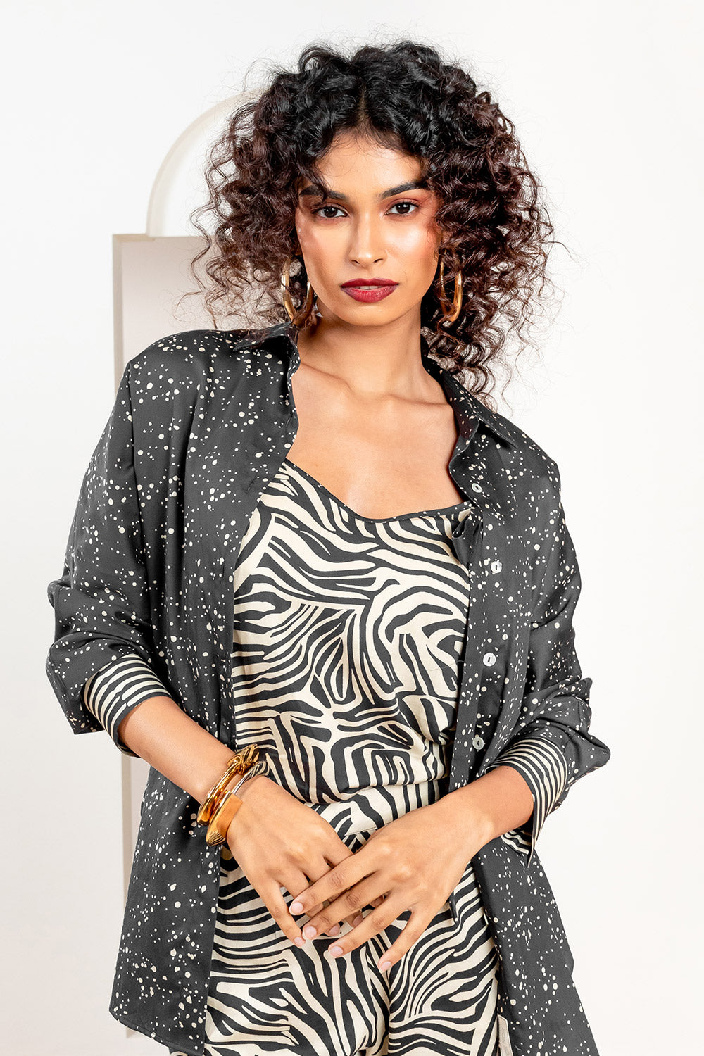 Metanoia Monochrome - Style 77- Spotted Print Shirt With Dolman Sleeves And Cuff Detail