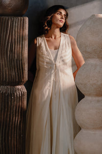 Metanoia - Style 22 - Long Sleeveless Organza Jacket With Front Tie Up