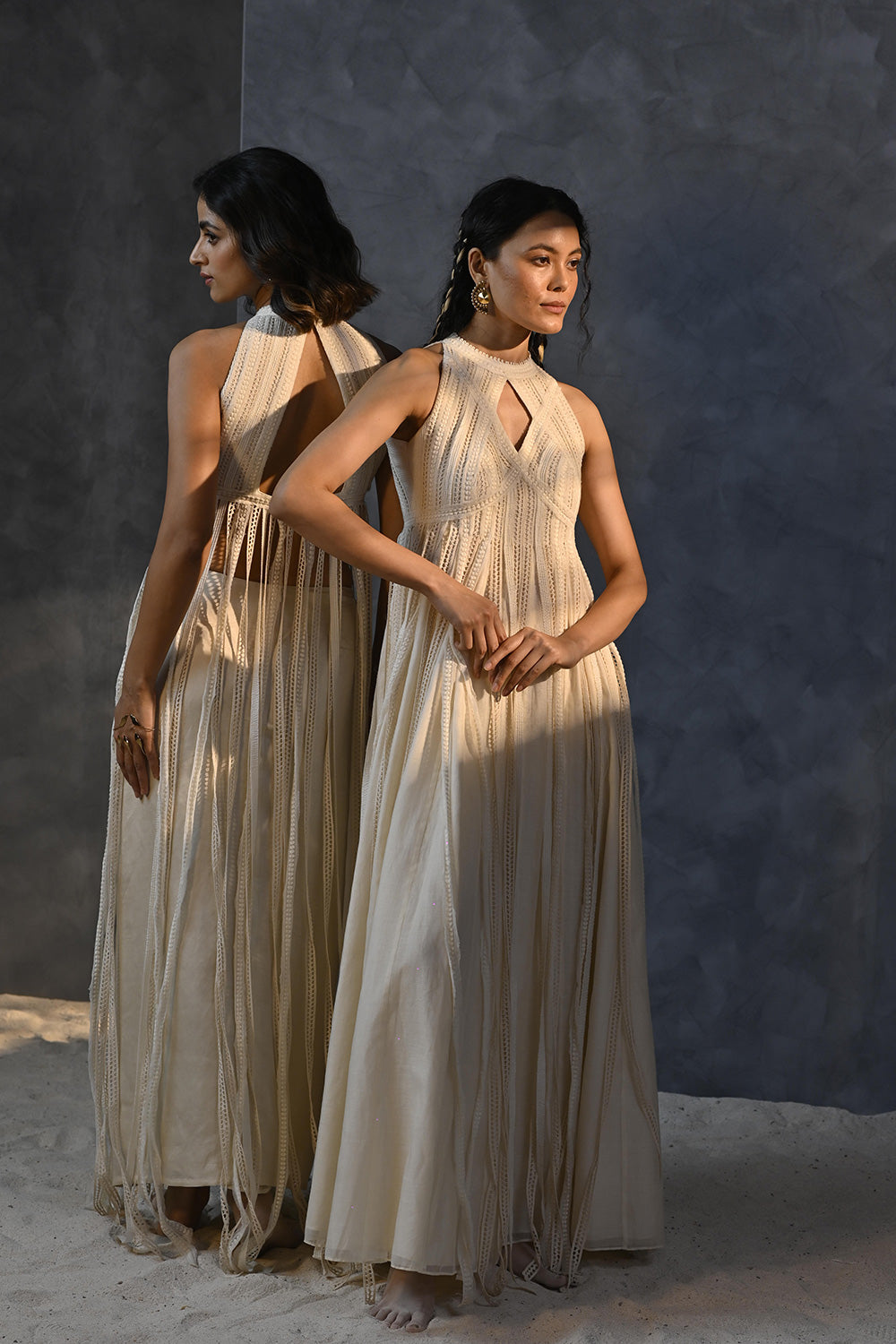 Metanoia - Style 19 - Halter Neck Anarkali With Cut Out At Neck And Fringe Detail