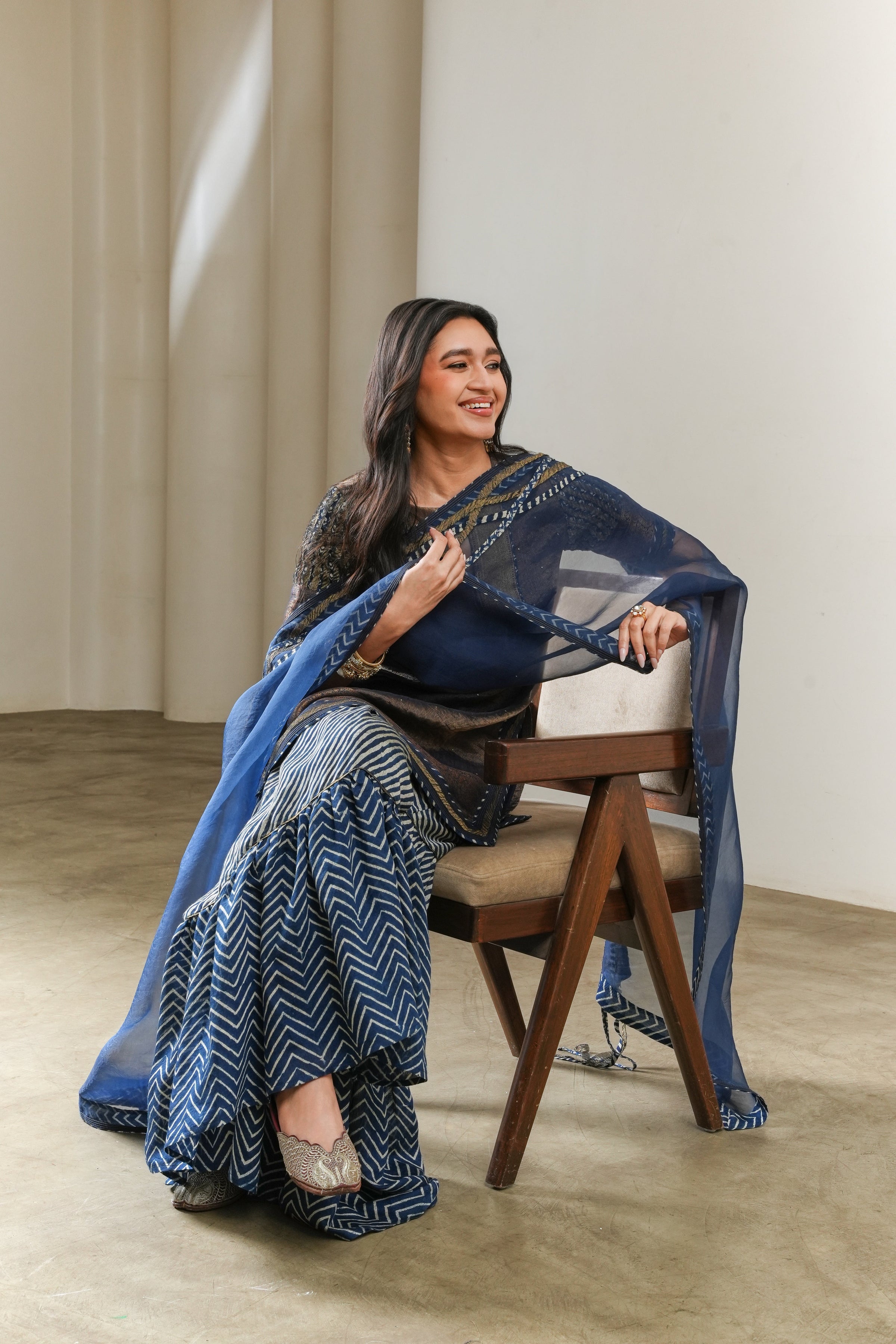 Indigo Lehriya/Chevron-print Sharara