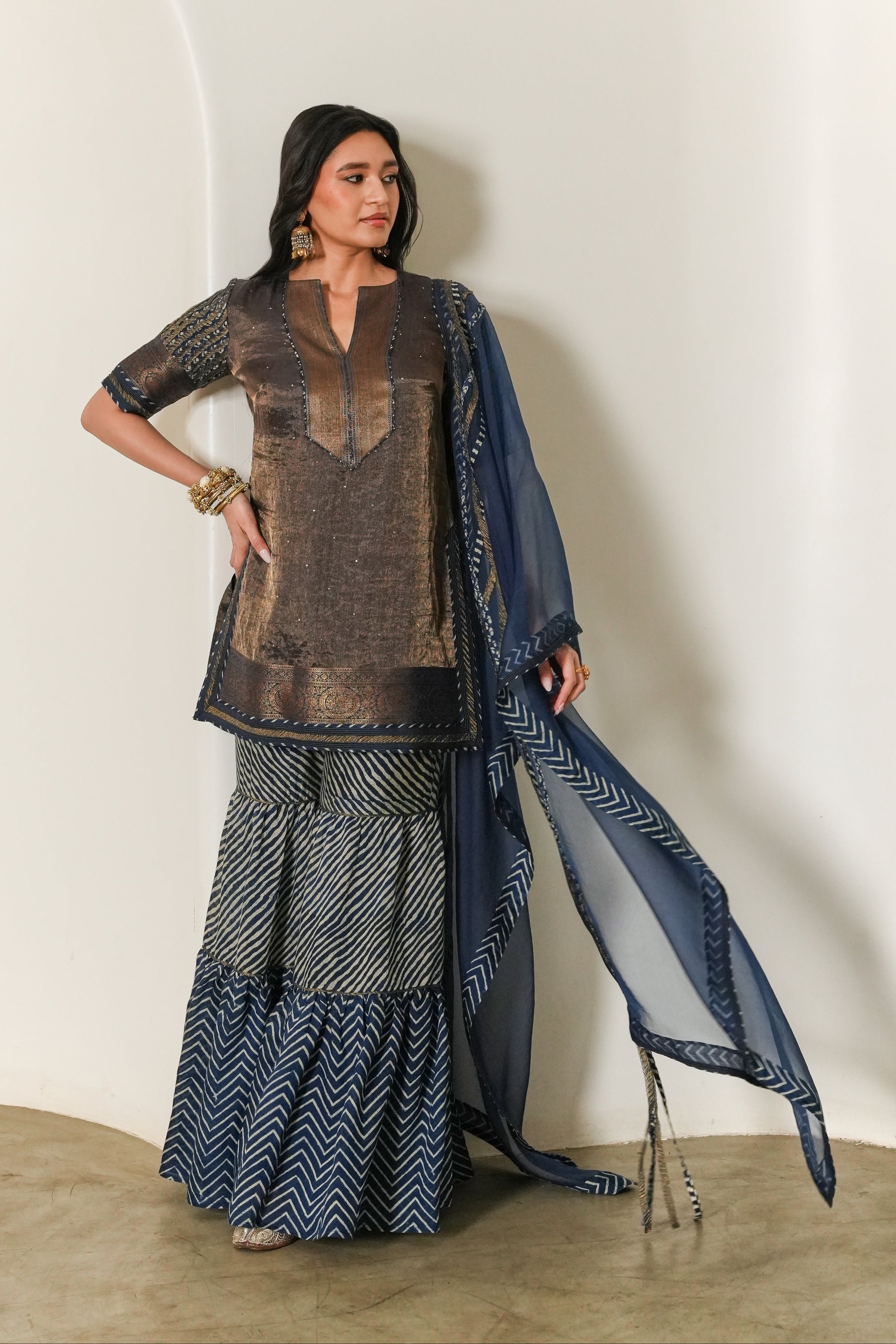 Copper Fitted Tissue Kurta