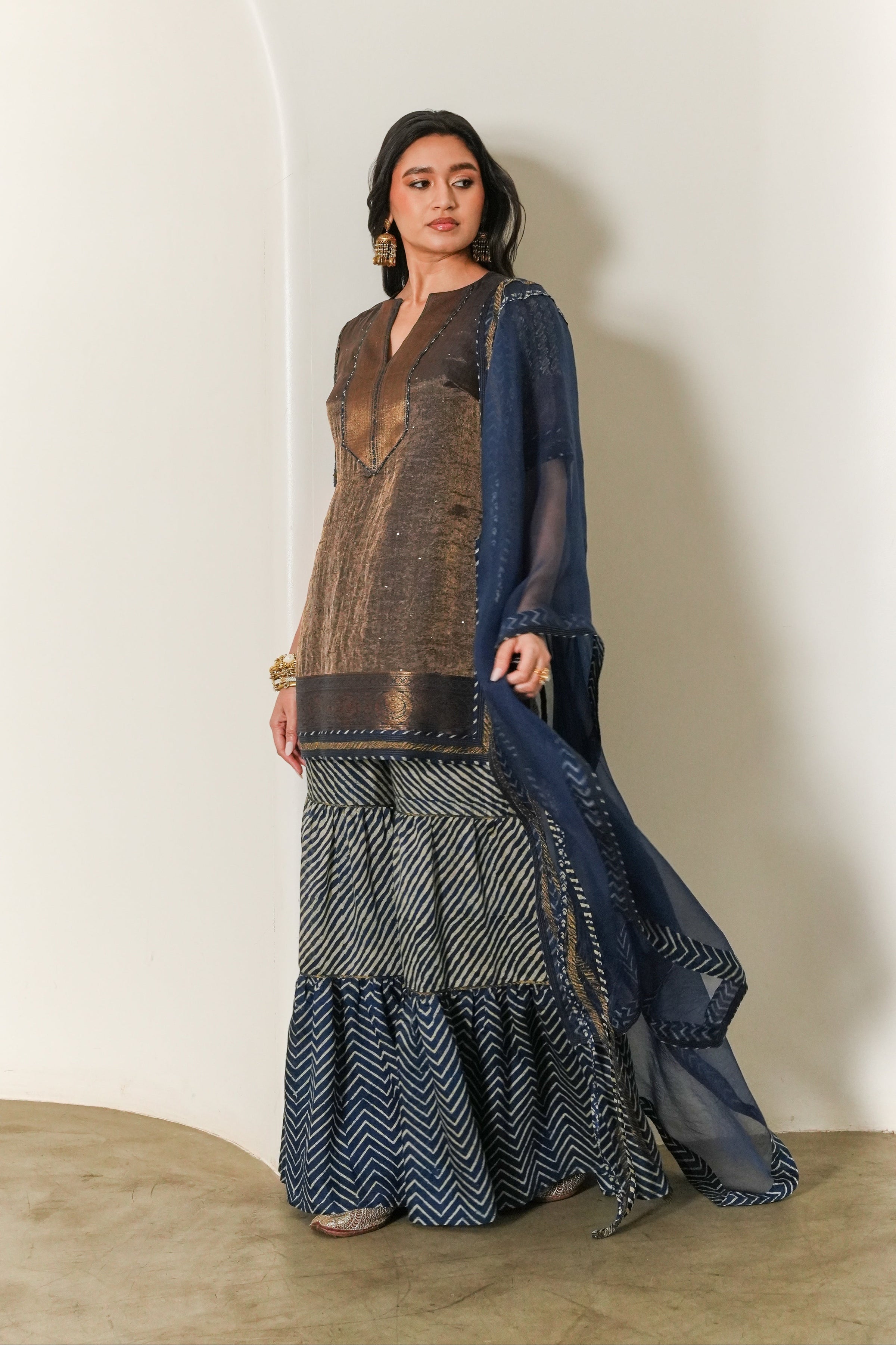 Copper Fitted Tissue Kurta