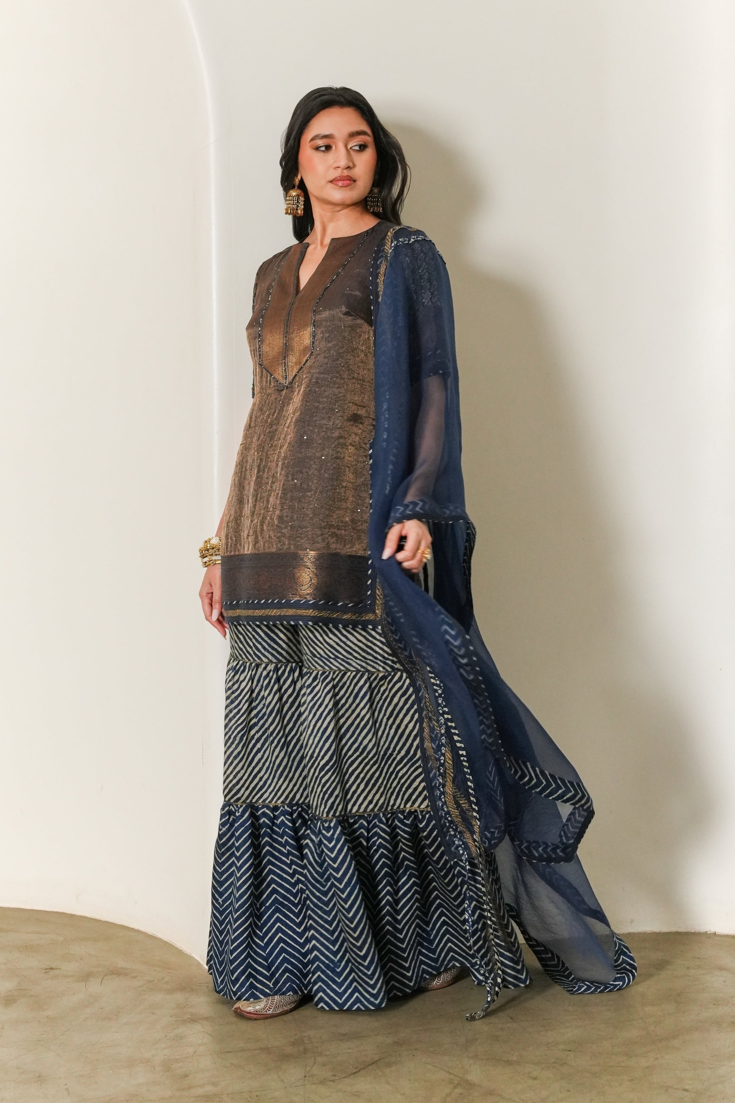 Indigo Lehriya/Chevron-print Sharara