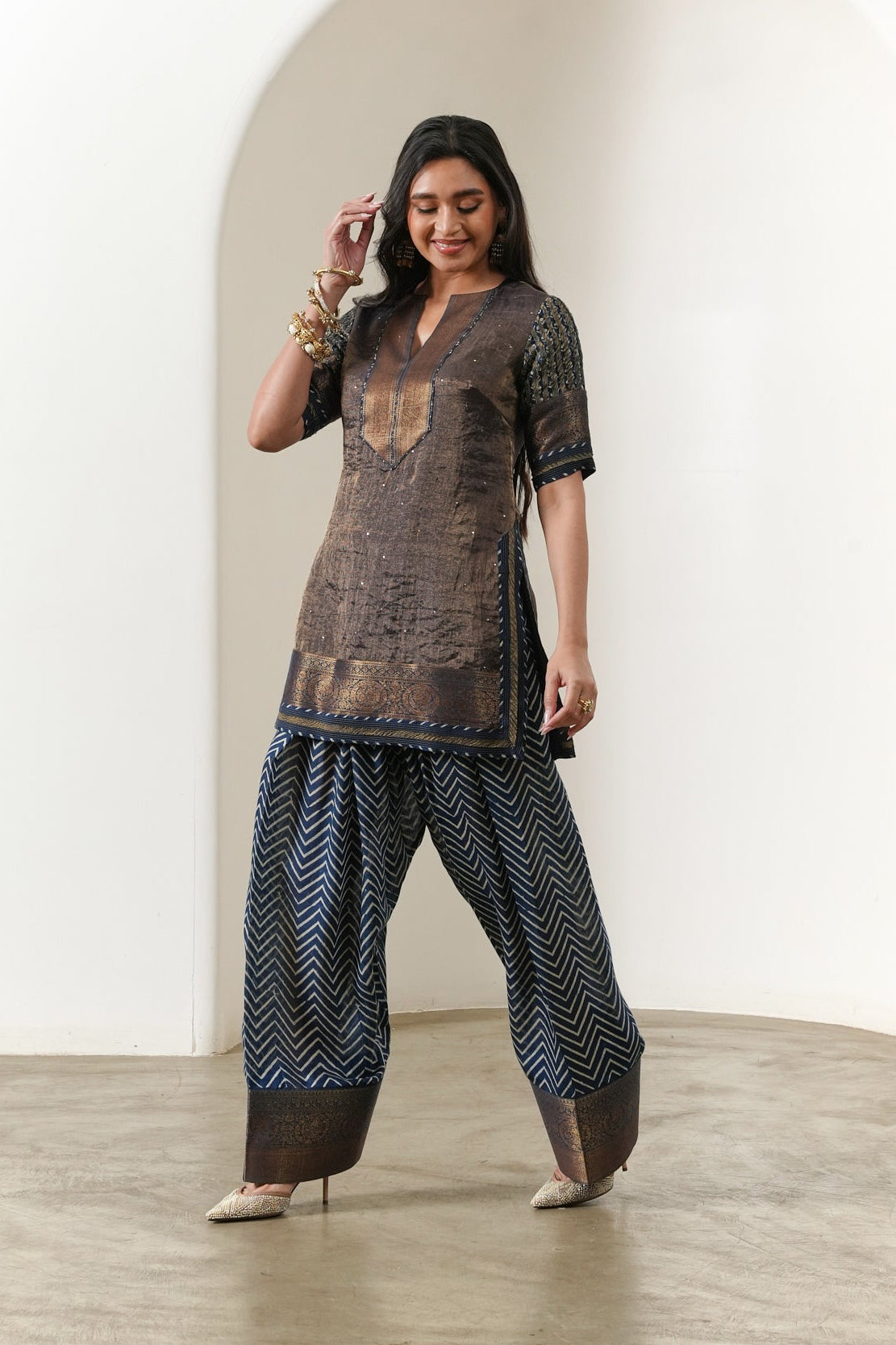 Copper Fitted Tissue Kurta