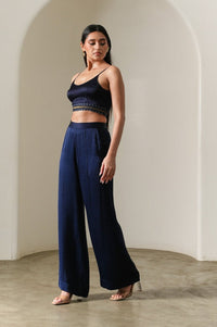 Indigo Satin Pleated Wide-leg Trousers