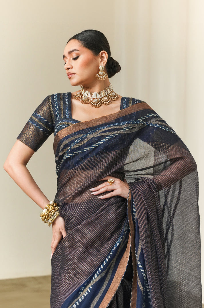 Indigo Zari Check Saree with Wave Border