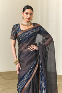 Indigo Zari Check Saree with Wave Border