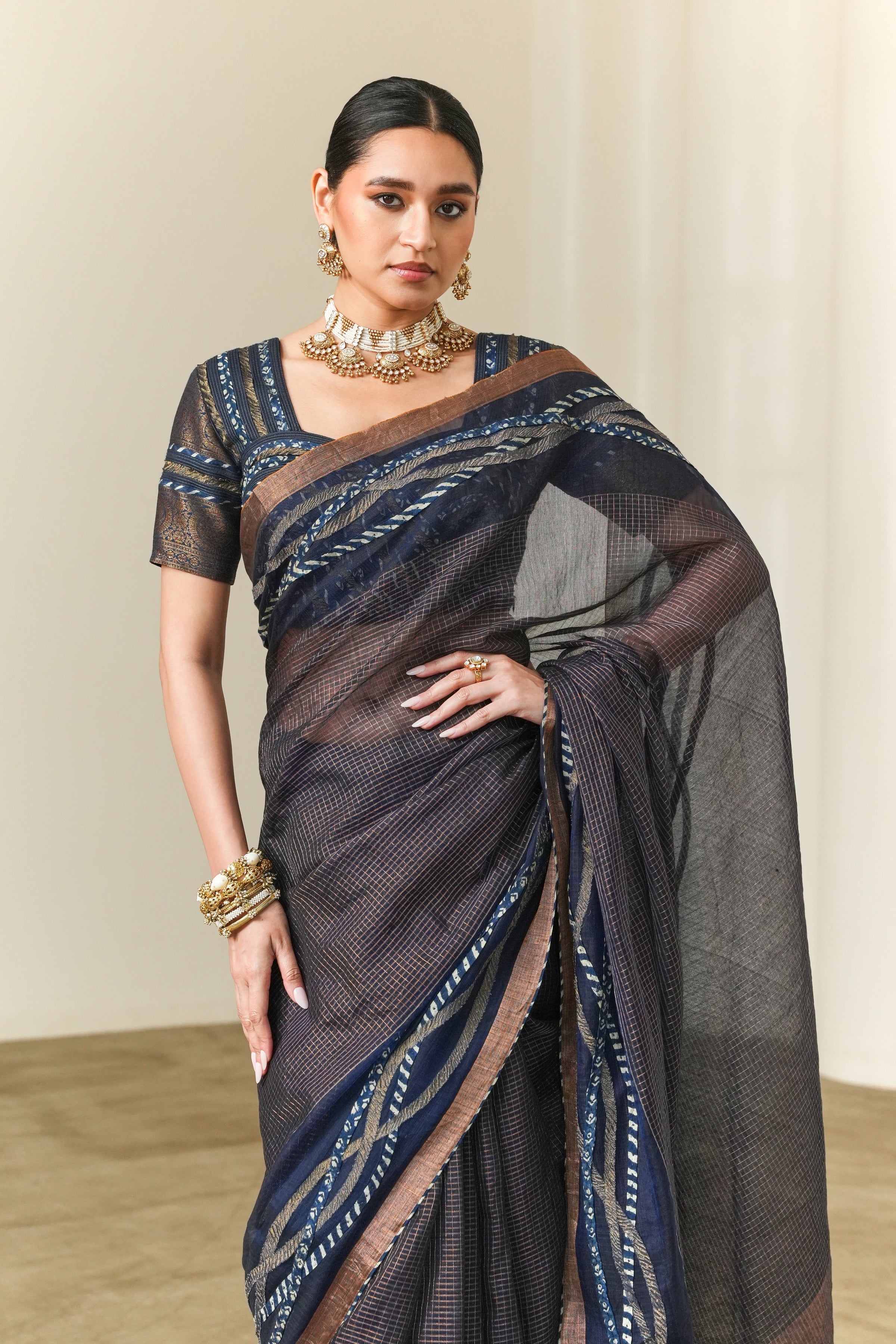 Indigo Zari Check Saree with Wave Border