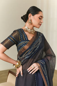 Indigo Half-sleeve Sari Blouse With Wave Embroidery