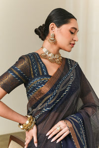 Indigo Zari Check Saree with Wave Border