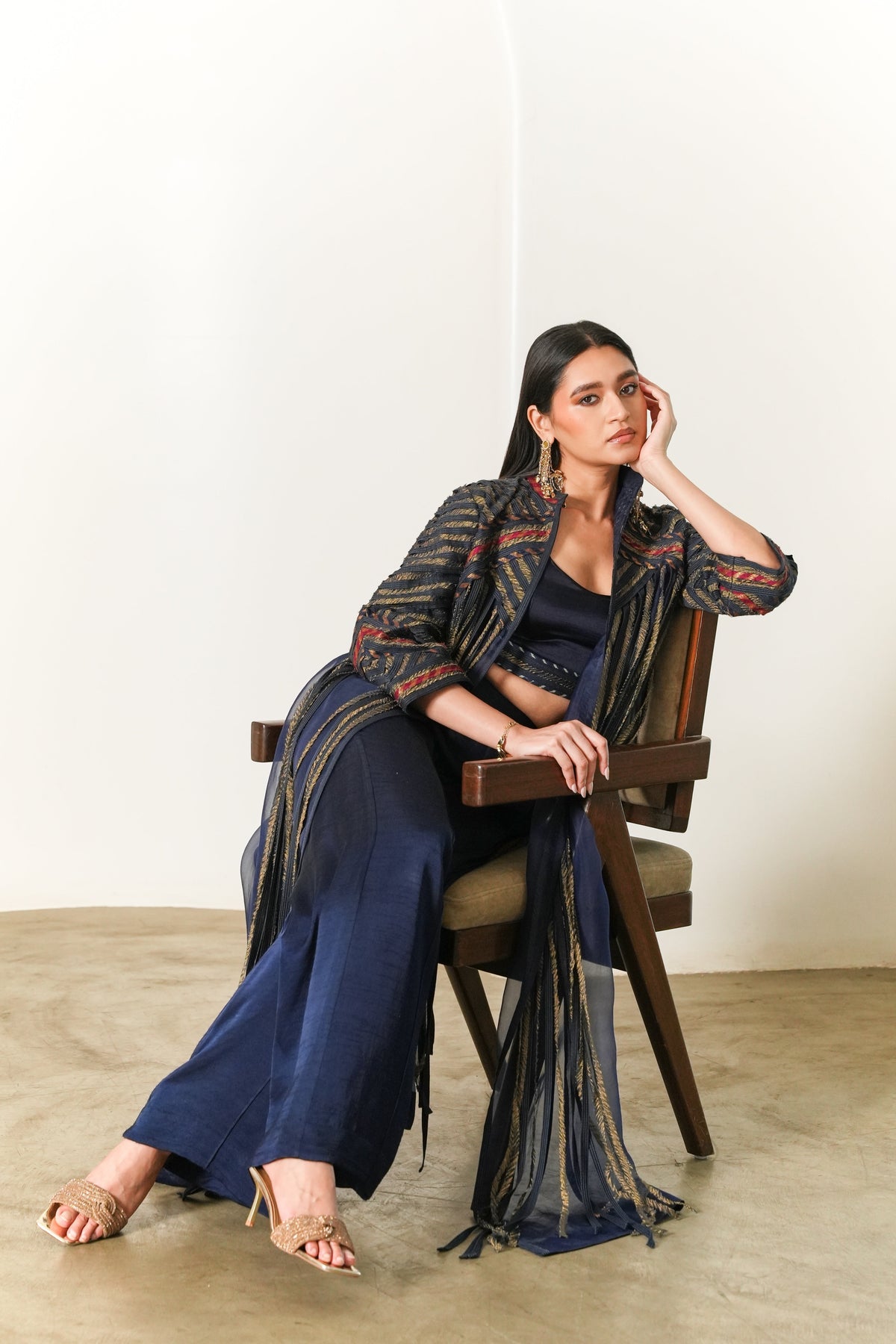 Indigo Organza Fringe Jacket Set