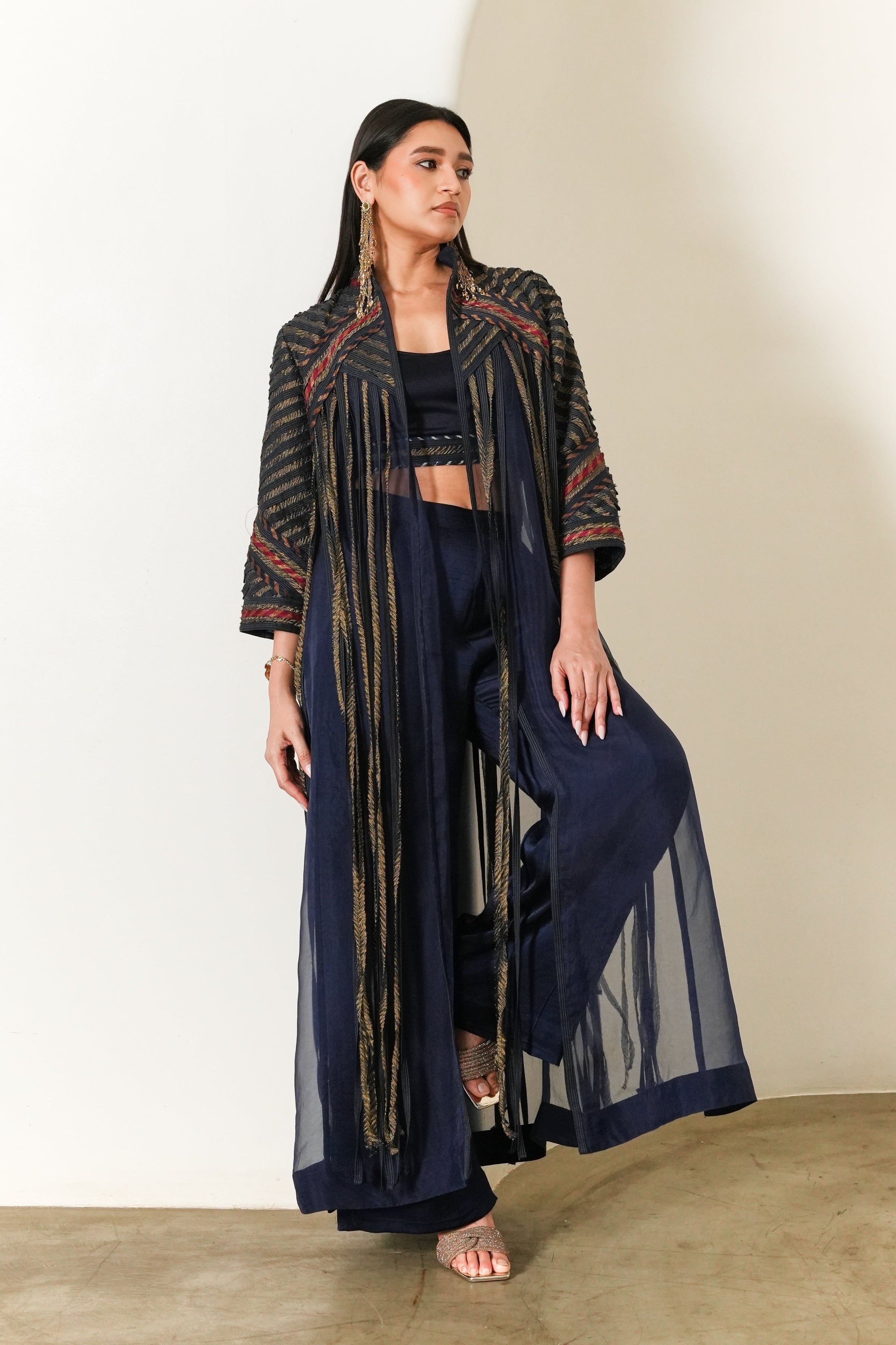 Indigo Organza Fringe Jacket Set