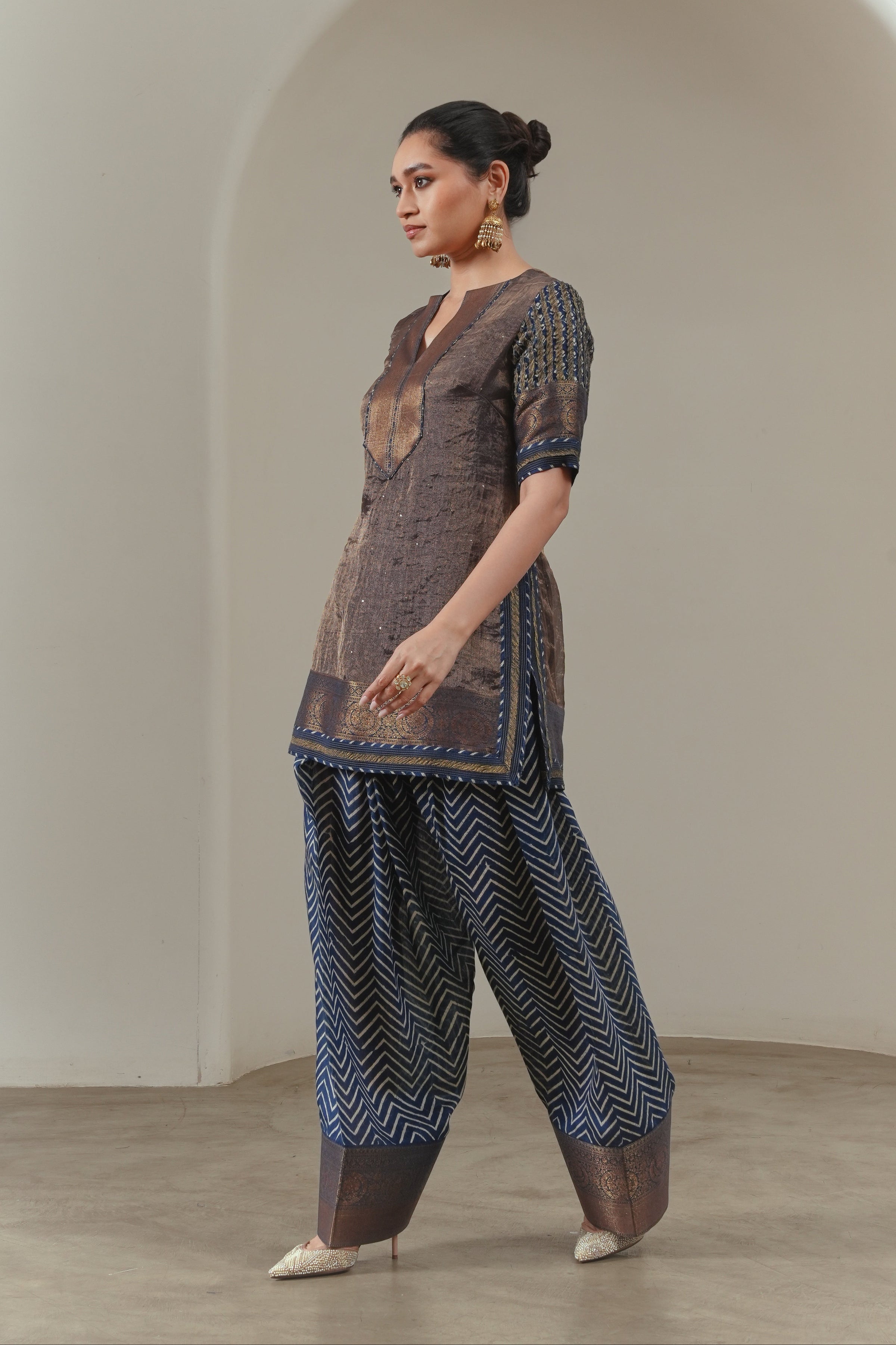 Indigo Chevron-print Farsi Salwar With Zari Border