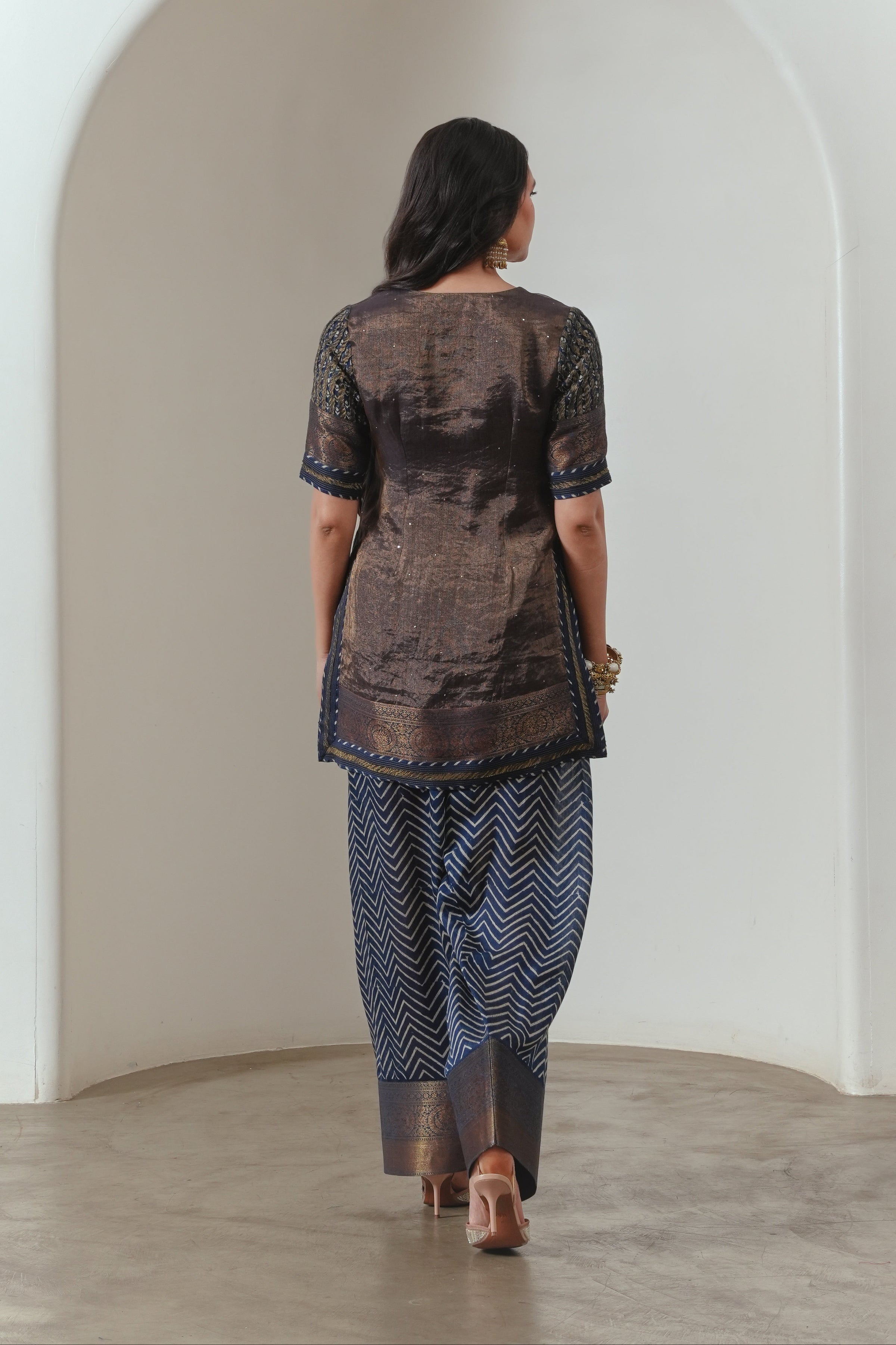 Indigo Chevron-print Farsi Salwar With Zari Border