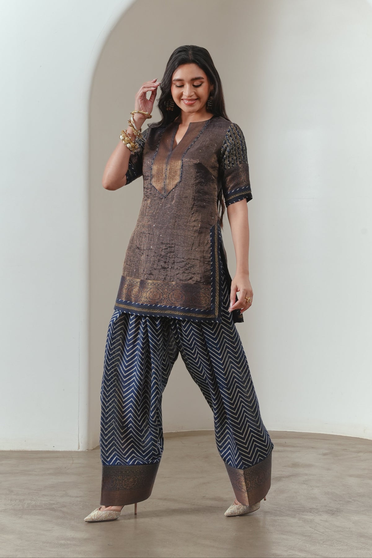 Indigo Chevron-print Farsi Salwar With Zari Border