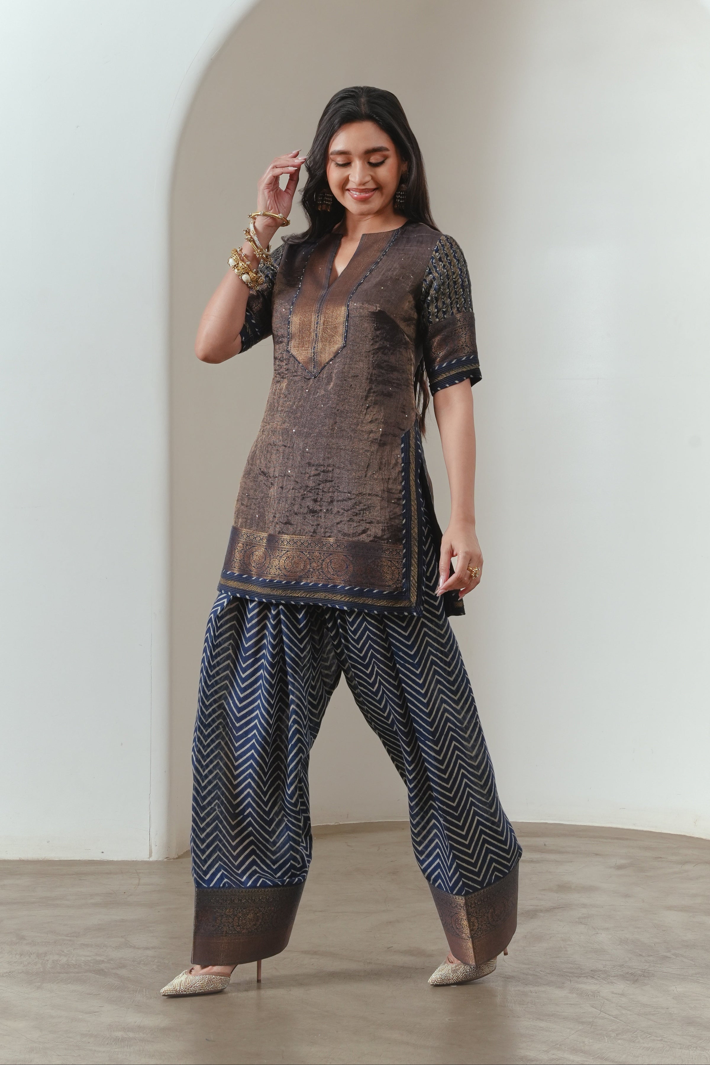 Indigo Chevron-print Farsi Salwar With Zari Border