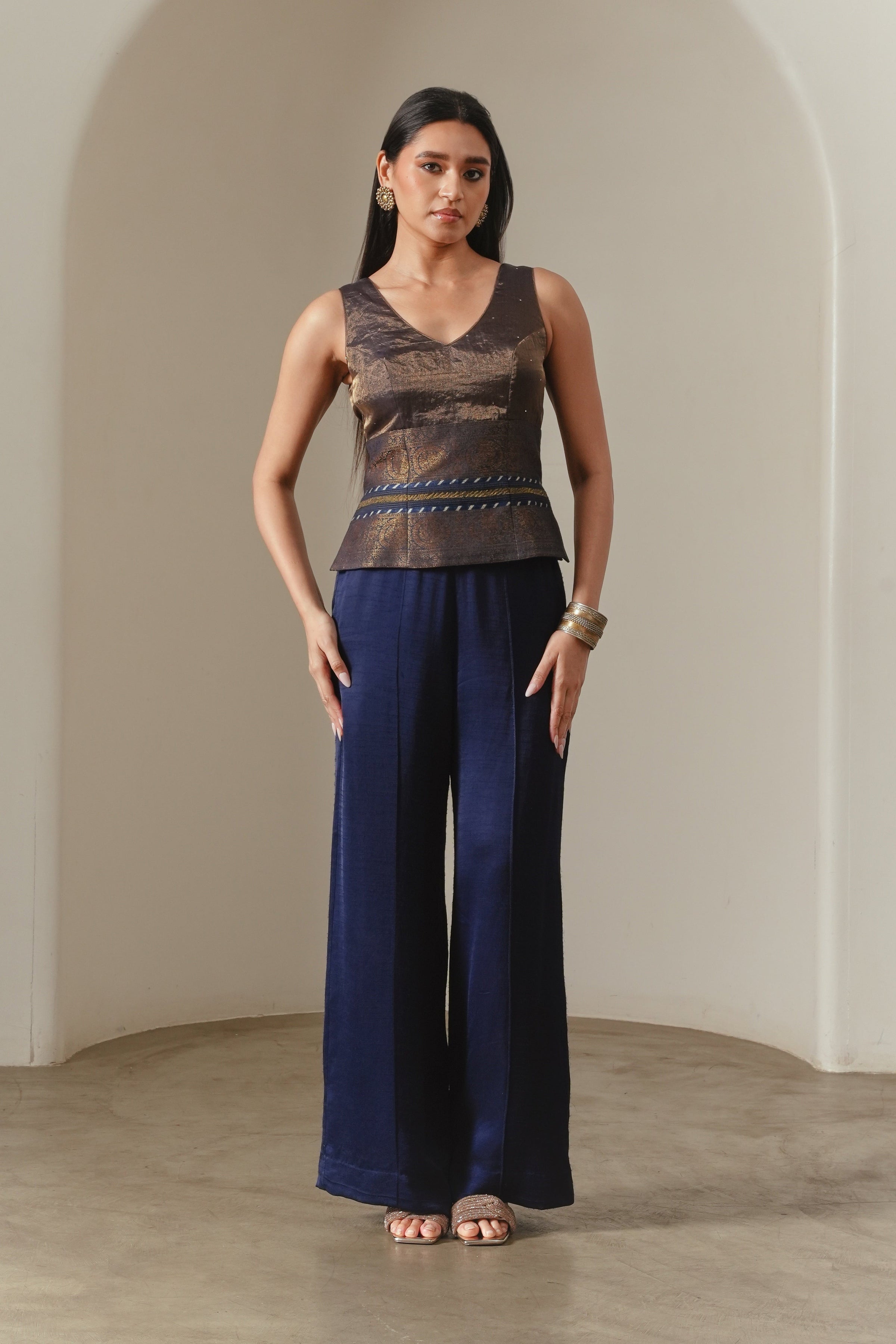 Indigo Satin Pleated Wide-leg Trousers
