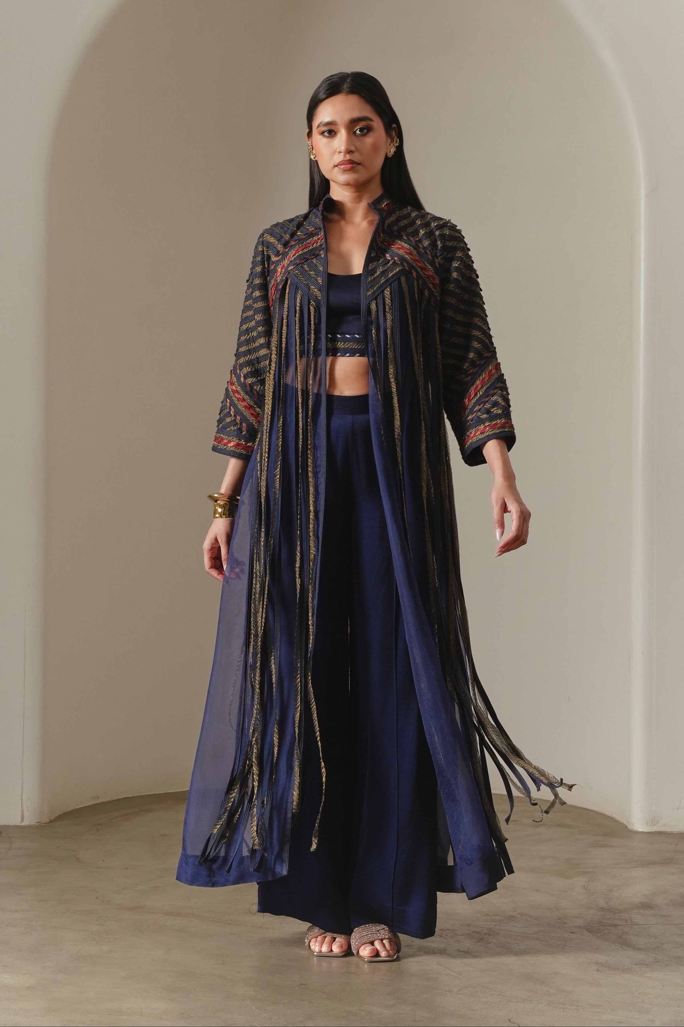 Indigo Organza Fringe Jacket Set
