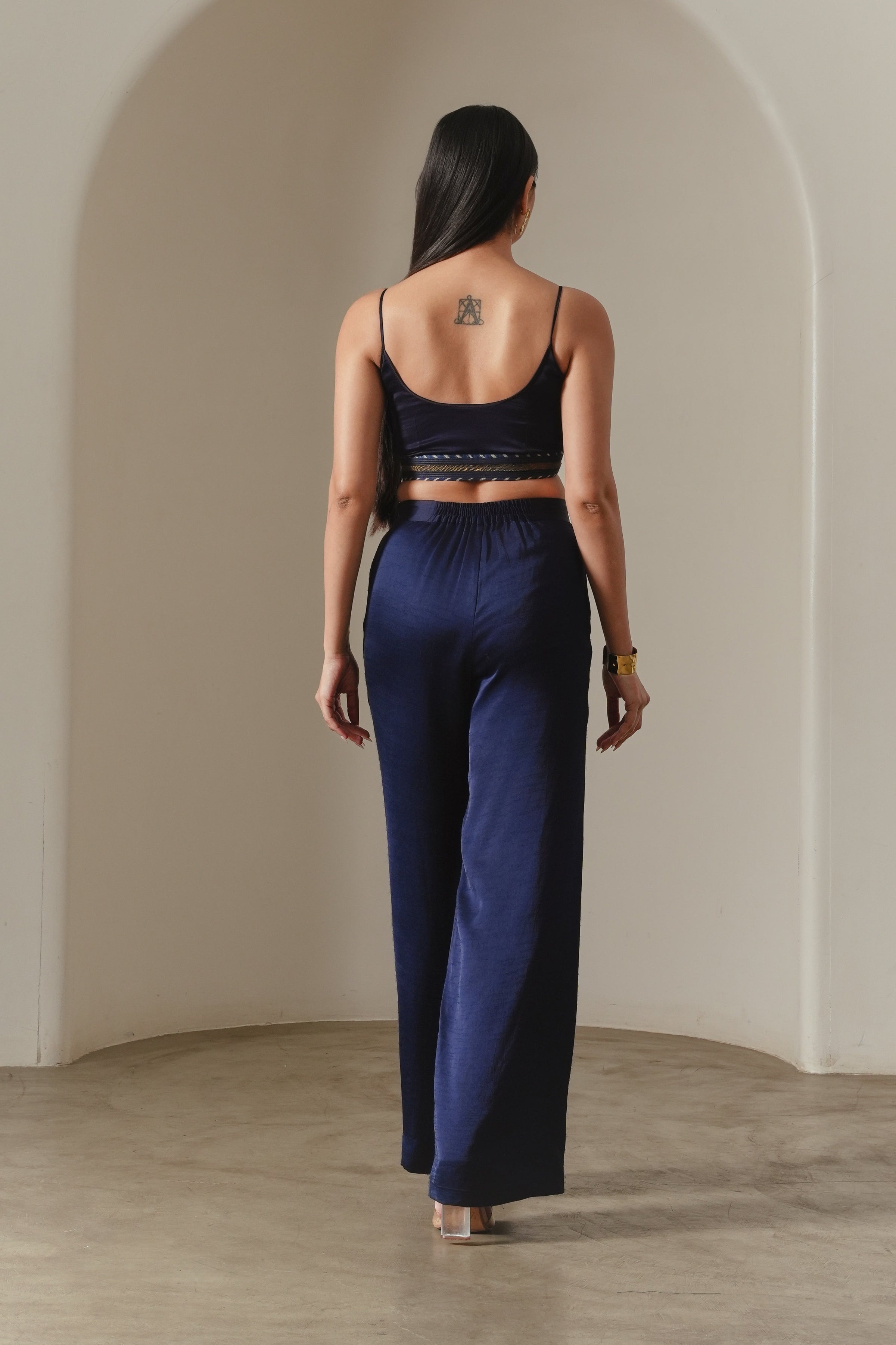 Indigo Satin Pleated Wide-leg Trousers
