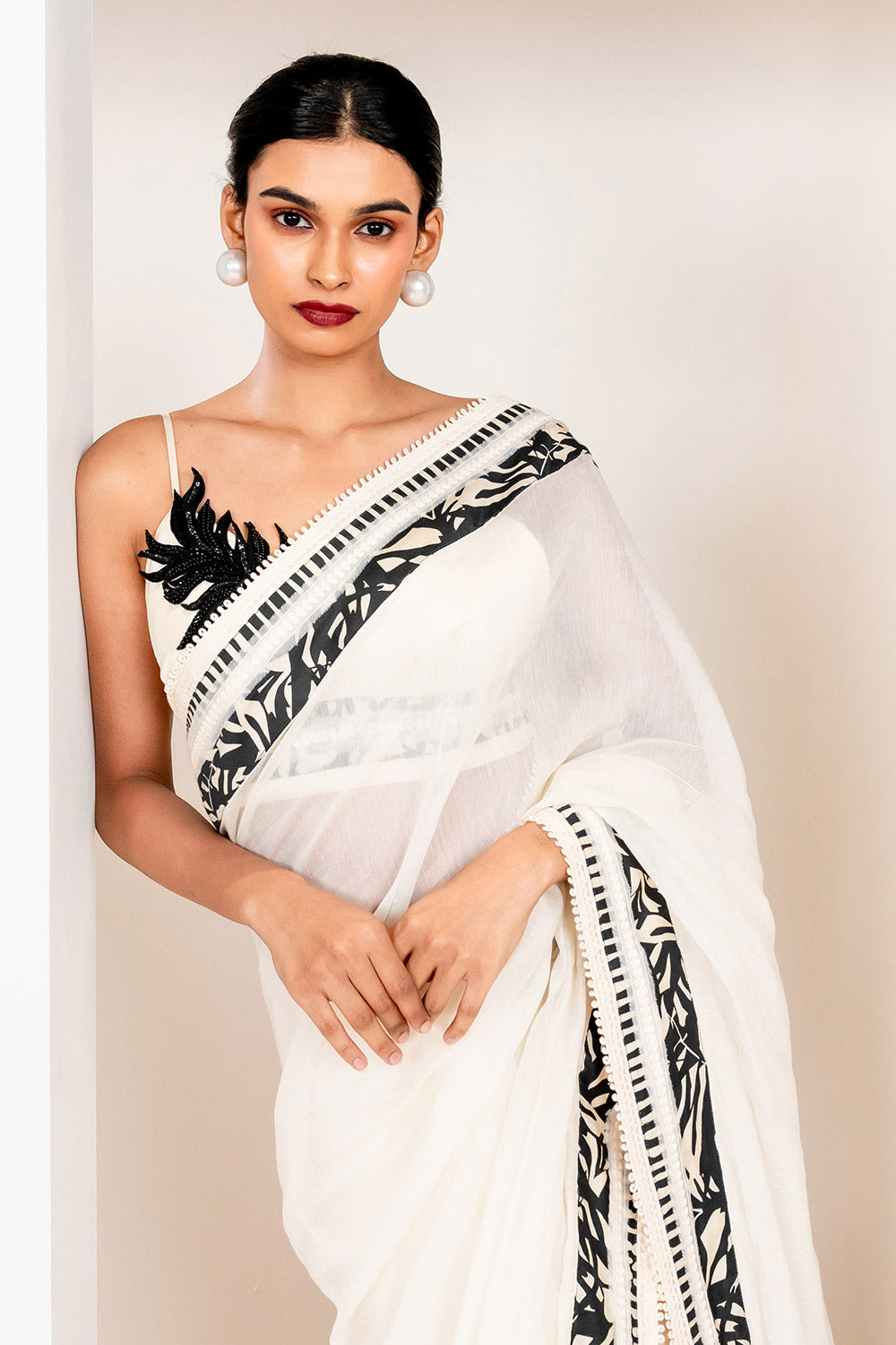 Metanoia Monochrome - Style 58 - Chanderi Saree With Printed And Embroidered Borders