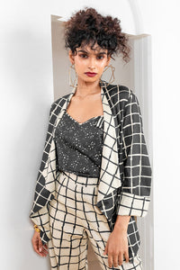 Metanoia Monochrome - Style 74 - Checkered Print Open Jacket With Waterfall Lapel