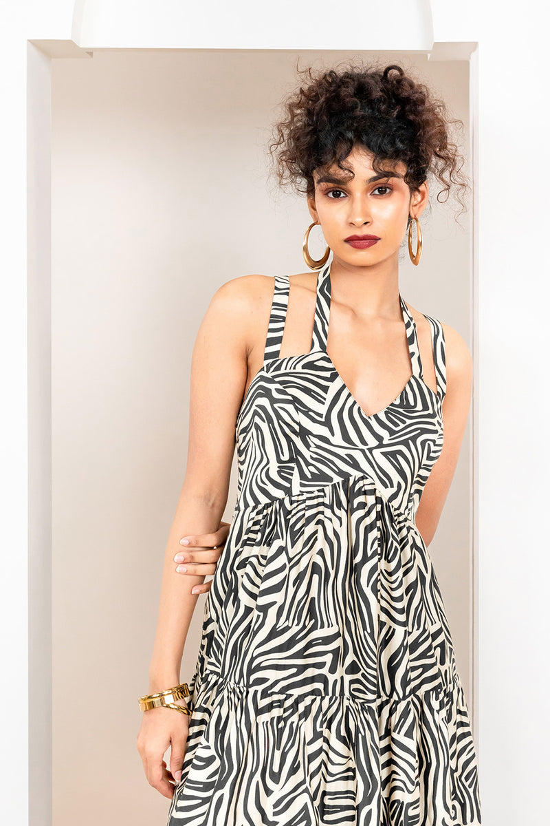 Metanoia Monochrome - Style 72 - Animal Print Gathered And Tiered Halter Neck Dress