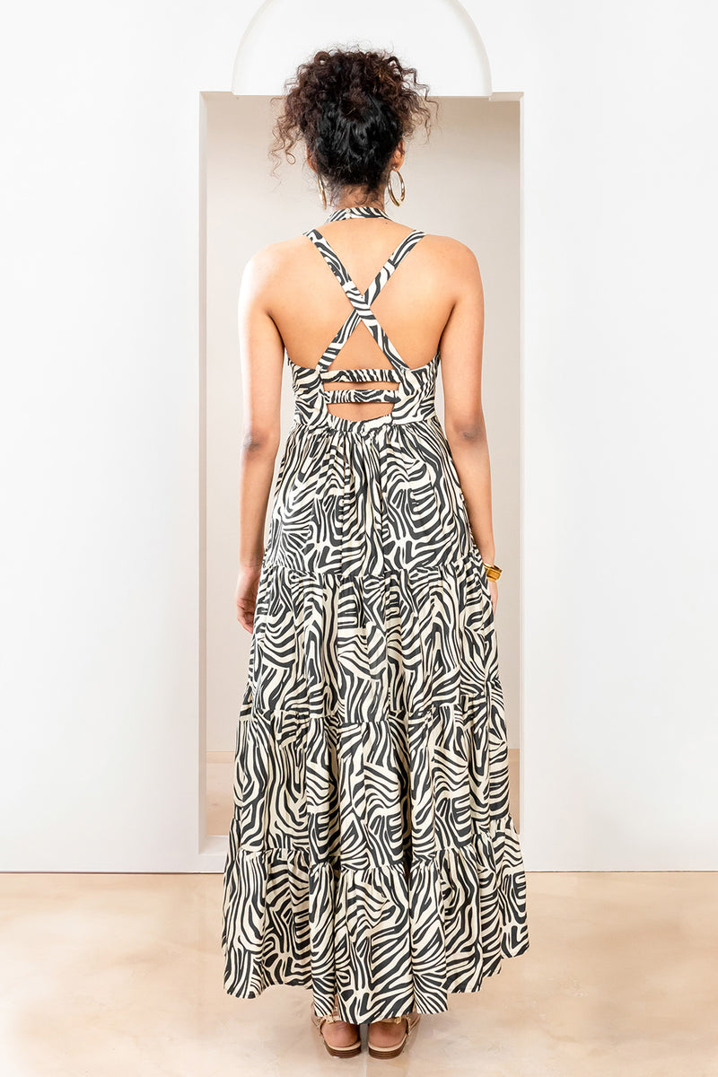 Metanoia Monochrome - Style 72 - Animal Print Gathered And Tiered Halter Neck Dress