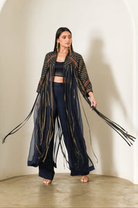 Indigo Organza Fringe Jacket Set