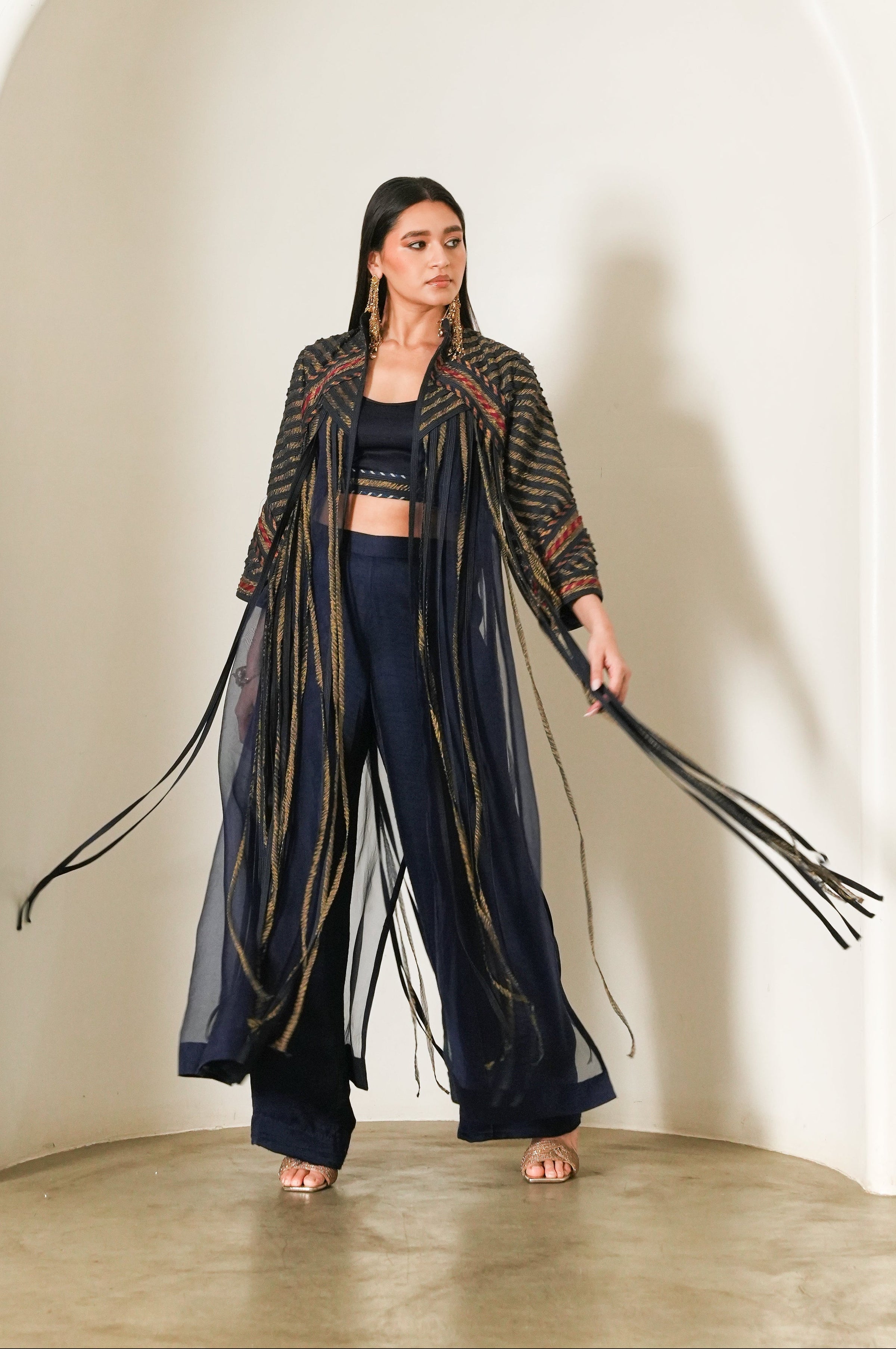 Indigo Organza Fringe Jacket Set