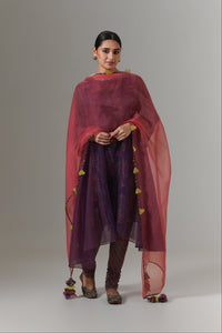 Organza quilted kali kurta with all-over paisley chanderi slip, churidar and dupatta.