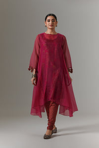 Organza quilted kali kurta with all-over paisley chanderi slip, churidar and dupatta.