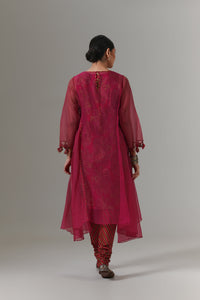 Organza quilted kali kurta with all-over paisley chanderi slip, churidar and dupatta.