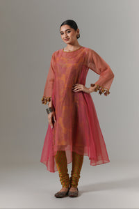 Organza quilted kali kurta with all-over paisley chanderi slip, churidar and dupatta.