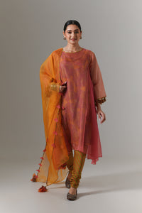 Organza quilted kali kurta with all-over paisley chanderi slip, churidar and dupatta.