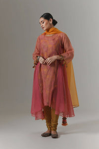 Organza quilted kali kurta with all-over paisley chanderi slip, churidar and dupatta.