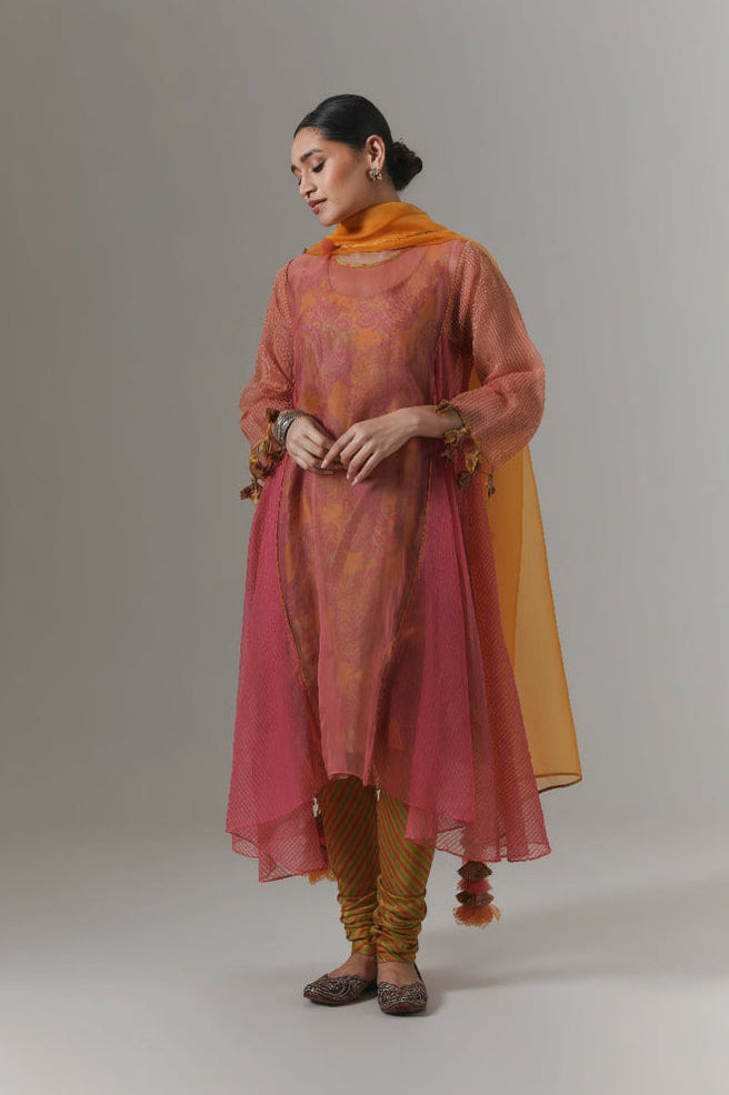 Organza quilted kali kurta with all-over paisley chanderi slip, churidar and dupatta.
