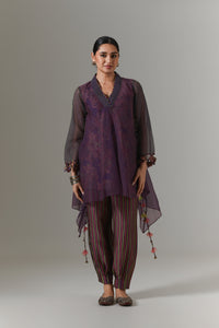 Organza quilted bias-cut kurta with all-over paisley chanderi slip, and balloon pants.