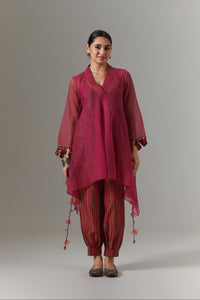 Organza quilted bias-cut kurta with all-over paisley chanderi slip, and balloon pants.