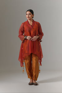 Organza quilted bias-cut kurta with paisley buta chanderi slip, and balloon pants.