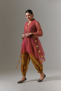 Organza quilted bias-cut kurta with all-over paisley chanderi slip, and balloon pants.
